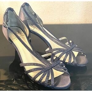 Adrianna Papell Judy Navy Satin Formal Open Toe Heels Strappy Sandals SZ 8 M